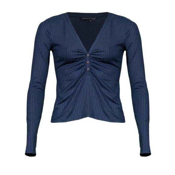 NWT! Veronica Beard Murray rib ruched henley top. Size large. Marine blue. - Picture 1 of 5